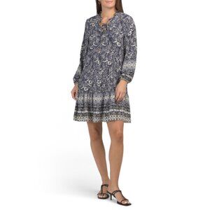 RACHEL ZOE Chambray Long Sleeve Ruffle Neck Keyhole Mini Dress
